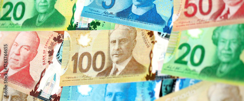 Canadian Dollar currency money bills. CAD currency banknotes in big bunch with different denomination close up