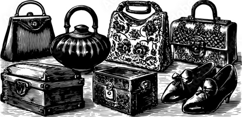 Vintage handbags and shoes. Detailed engraving illustration showcasing elegant fashion accessories in a classic style vector set.