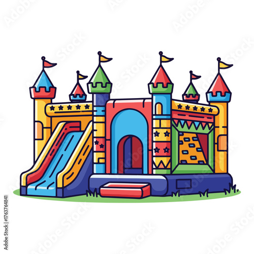 Colorful cartoon illustration of an inflatable bouncy castle with slide and multiple towers.