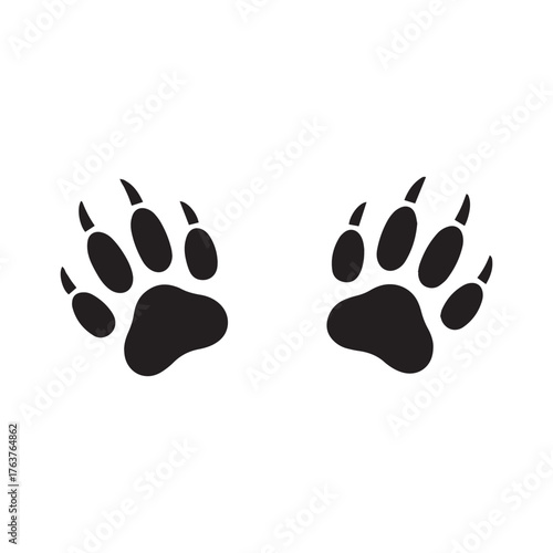 A simple graphic illustration of two black animal paw prints with sharp claws, isolated on a white background.
