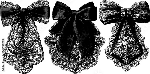 Elegant lace bow engravings. Detailed hand-drawn designs in a vintage style. Vector illustrations set for decorative use.