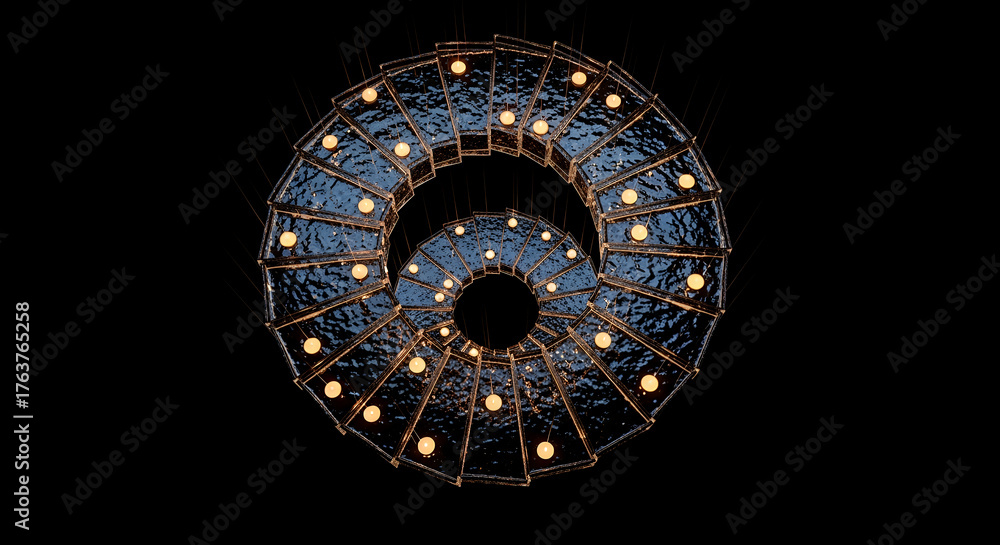 Obraz premium Illuminated abstract geometric sphere shape with warm glowing lights against a dark black background