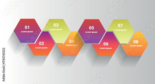 8 step infographic with colorful hexagon shapes and soft shadows on a light background. Perfect for process charts, business presentations, and data visualization.