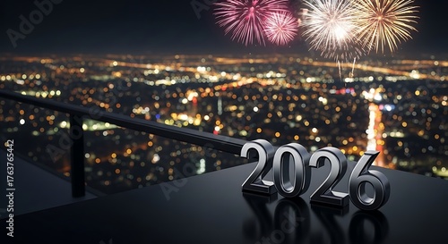 2026 New Year's Eve Celebration with Cityscape and Fireworks