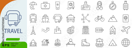 Travel Icon Set – Symbols of Global Exploration, Adventure Planning, and Tourism Essentials