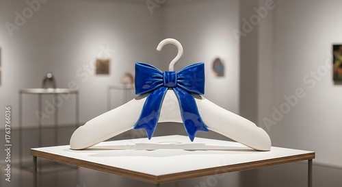 Sculptural White Hanger Adorned with a Vibrant Blue Bow