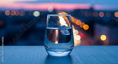 Urban Twilight Refreshment: Glass of Water with City Lights Bokeh