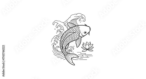 Monochrome depiction of a koi gracefully gliding through water with floral enhancement art