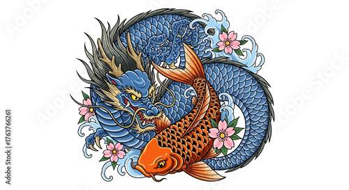 Illustrative tattoo artwork featuring traditional Japanese dragon and koi fish design
