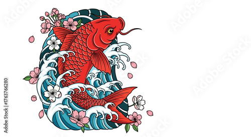Vibrant red koi fish illustration with stylized waves and blooming cherry blossoms design