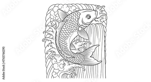 Elegant ink drawing of a koi fish swimming in a stylized waterfall design