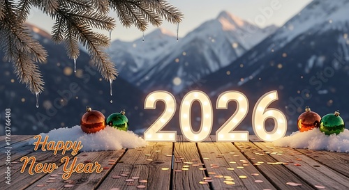 Happy New Year 2026 Celebration in Snowy Winter Mountains