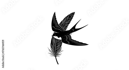 Elegant simplicity of monochrome avian art depicting a swallow carrying a feather gracefully in