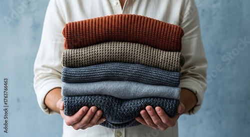 Hands Holding a Stack of Neatly Folded Knit Sweaters