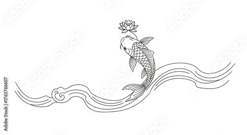 Elegant koi fish illustration with a lotus flower accent in black and white serenity