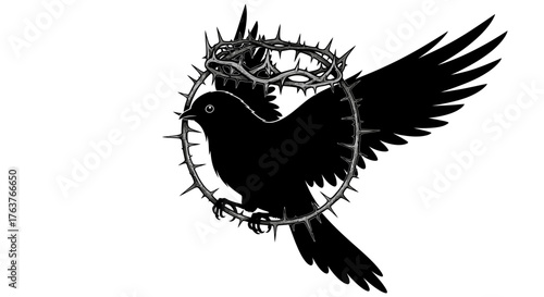 Abstract illustration of a bird encircled by a thorny crown against white backdrop