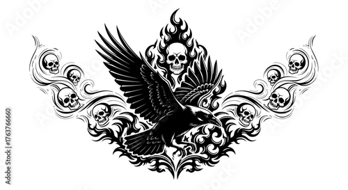 Monochrome vector artwork featuring a raven in flight amidst skulls and flames for dark aesthetics
