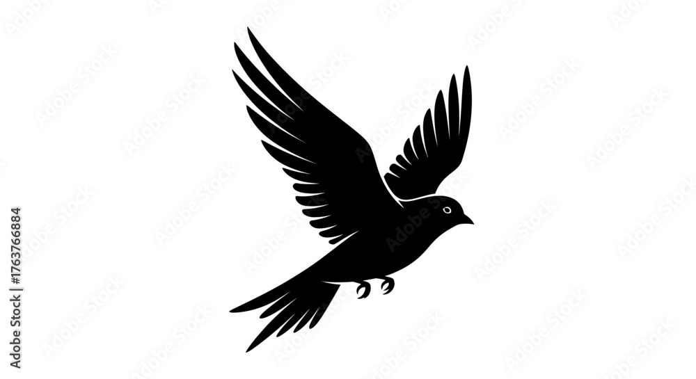 Obraz premium Soaring Silhouette: Black Bird in Flight Against White Backdrop for Graphic Design