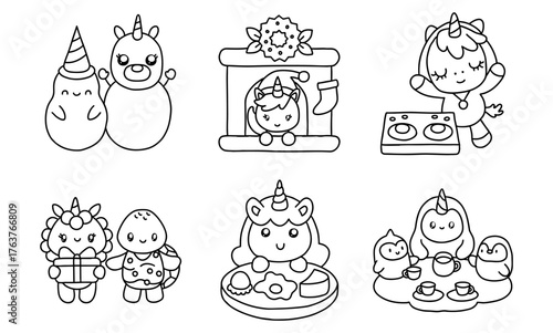 Christmas unicorn and friends, Cute unicorn characters celebrate Christmas with festive elements, showcasing joy and warmth