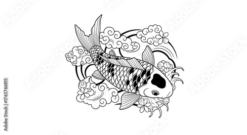 Monochrome koi fish illustration gracefully swimming among stylized clouds and sakura blossoms
