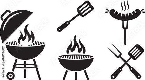 Barbecue Grill with Flames, Utensils, and Sausage Illustration Grilling Equipment and Food Icons