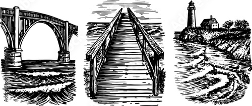 Engraving set of a bridge, lighthouse, and pathway by the sea. Black outline illustration showcasing coastal scenery, vector artwork.