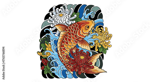 Elegant koi fish among chrysanthemums and water current in a detailed traditional art style