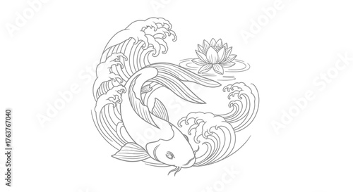 Elegant linework illustration of a koi fish swimming amidst stylized waves and a lotus flower