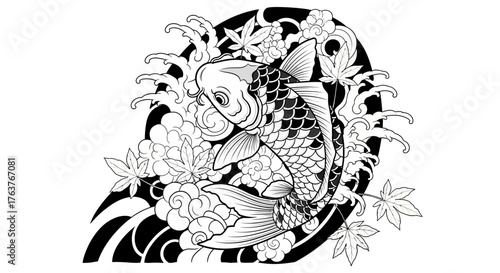 Monochrome artwork showcasing a koi fish amidst stylized waves clouds and maple leaves composition