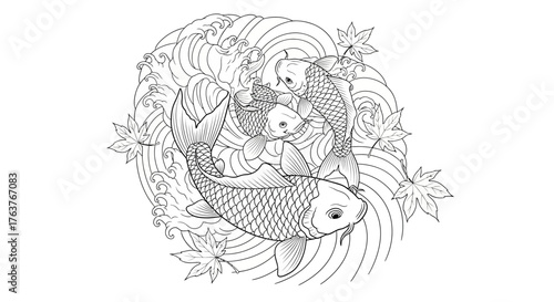Artistic interpretation of flowing koi carp, evoking japanese aesthetics and symbolism within wave