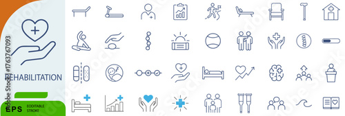 Rehabilitation Icon Set – Symbols of Recovery, Physical Therapy, and Patient-Centered Healthcare