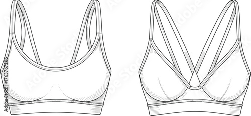 Technical Fashion Flat Sketch of a Women's Scoop Neck Sports Bra with Unique Criss-Cross Multi-Strap Back Detail, Athletic Activewear Lingerie Vector Template.
