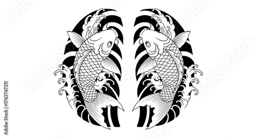Symmetrical koi fish artwork with detailed scales in an elegant monochrome design showcasing