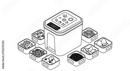 Vector art of a food fermentation appliance surrounded by various fermented ingredients