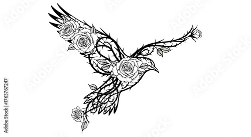 Elegant monochrome illustration of a floral bird adorned with roses and thorns in flight
