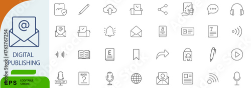 Digital Publishing Icon Set – Symbols of Online Content, Editorial Tools, and Media Communication