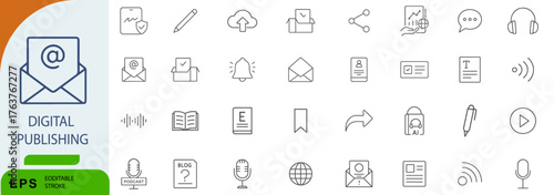 Digital Publishing Icon Set – Symbols of Online Media, Content Creation, and Communication Tools