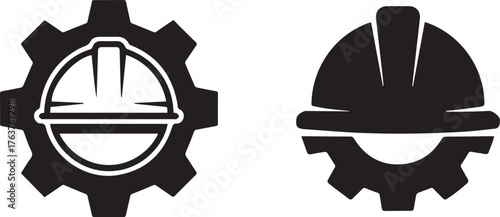 Black and White Construction Safety Helmet Logos with Gears Depicting Industrial Engineering Concept