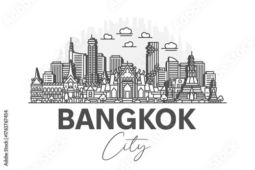 Bangkok, Thailand architecture line skyline illustration with shadows. Linear vector cityscape with famous landmarks, city sights, design icons.