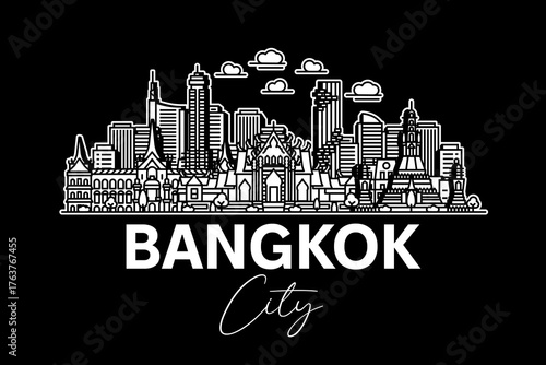 Bangkok, Thailand architecture line skyline illustration with shadows. Linear vector cityscape with famous landmarks, city sights, design icons.
