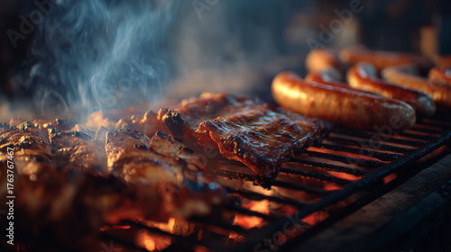Fototapeta Naklejka Na Ścianę i Meble -  Close up shot of ribs and sausages grilling with smoke on a barbecue grill outdoors