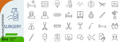 Surgery Icon Set – Symbols of Medical Tools, Hospital Equipment, and Clinical Procedures