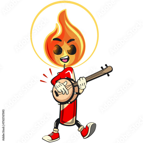 cute candle mascot cartoon vector illustration with light flame character playing the banjo musical instrument, isolated for holiday and celebration design, work of hand drawn