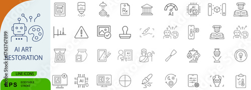 AI Art Restoration Icon Set – Symbols of Digital Conservation, Creative Repair, and Intelligent Restoration Tools