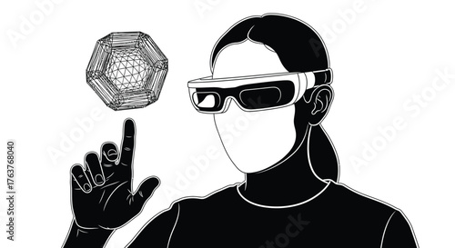 Vector art of person using augmented reality glasses to interact with a digital object