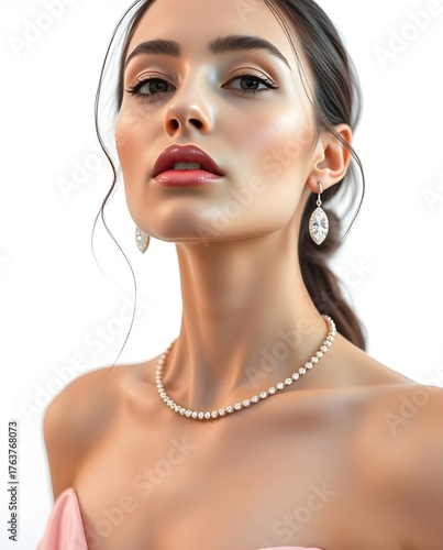 4K photographic portrait, exotic woman in soft pink and beige, diamond tennis bracelet around her neck, pristine white background, soft cinematic haze, iridescent colors, hyperrealistic detail.