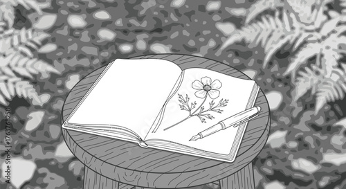 Vector art of open sketchbook with flower drawing on a stool in a natural setting