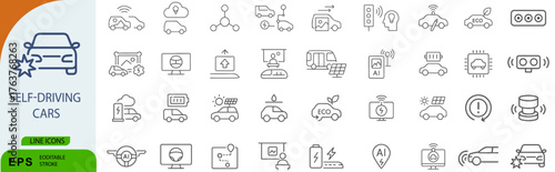 Self-Driving Cars Icon Set – Symbols of Autonomous Vehicles, AI Sensors, and Smart Mobility Systems
