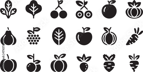 Black and White Graphics of Fruits and Vegetables Featuring Leaves and Stems Design