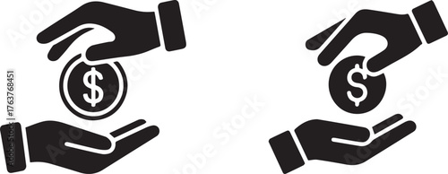 Black and White Hands Giving and Receiving US Dollar Coins, Icon